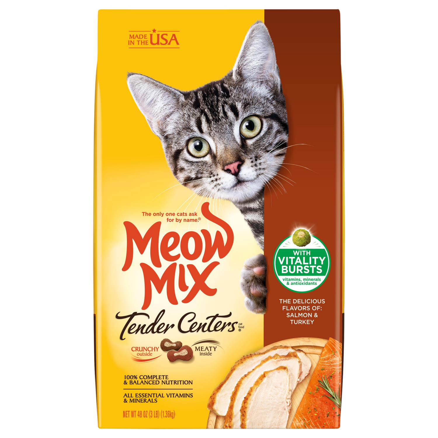 slide 2 of 7, Meow Mix Tender Centers Dry Cat Food With Vitality Bursts Salmon & Turkey Flavors, 3 Pound Bag, 48 oz