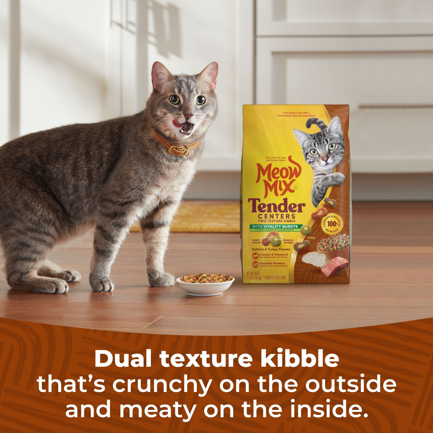 slide 3 of 7, Meow Mix Tender Centers Dry Cat Food With Vitality Bursts Salmon & Turkey Flavors, 3 Pound Bag, 48 oz