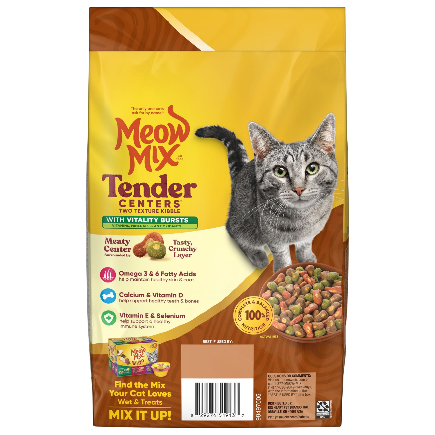 slide 4 of 7, Meow Mix Tender Centers Dry Cat Food With Vitality Bursts Salmon & Turkey Flavors, 3 Pound Bag, 48 oz