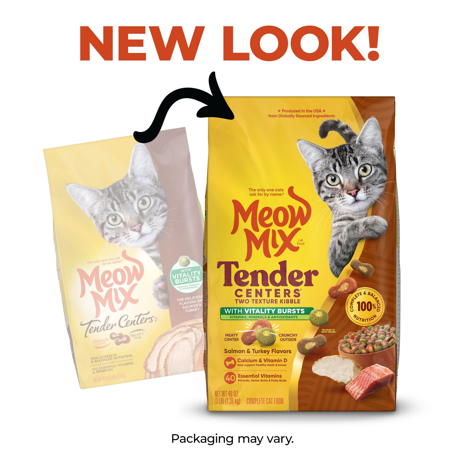 slide 6 of 7, Meow Mix Tender Centers Dry Cat Food With Vitality Bursts Salmon & Turkey Flavors, 3 Pound Bag, 48 oz