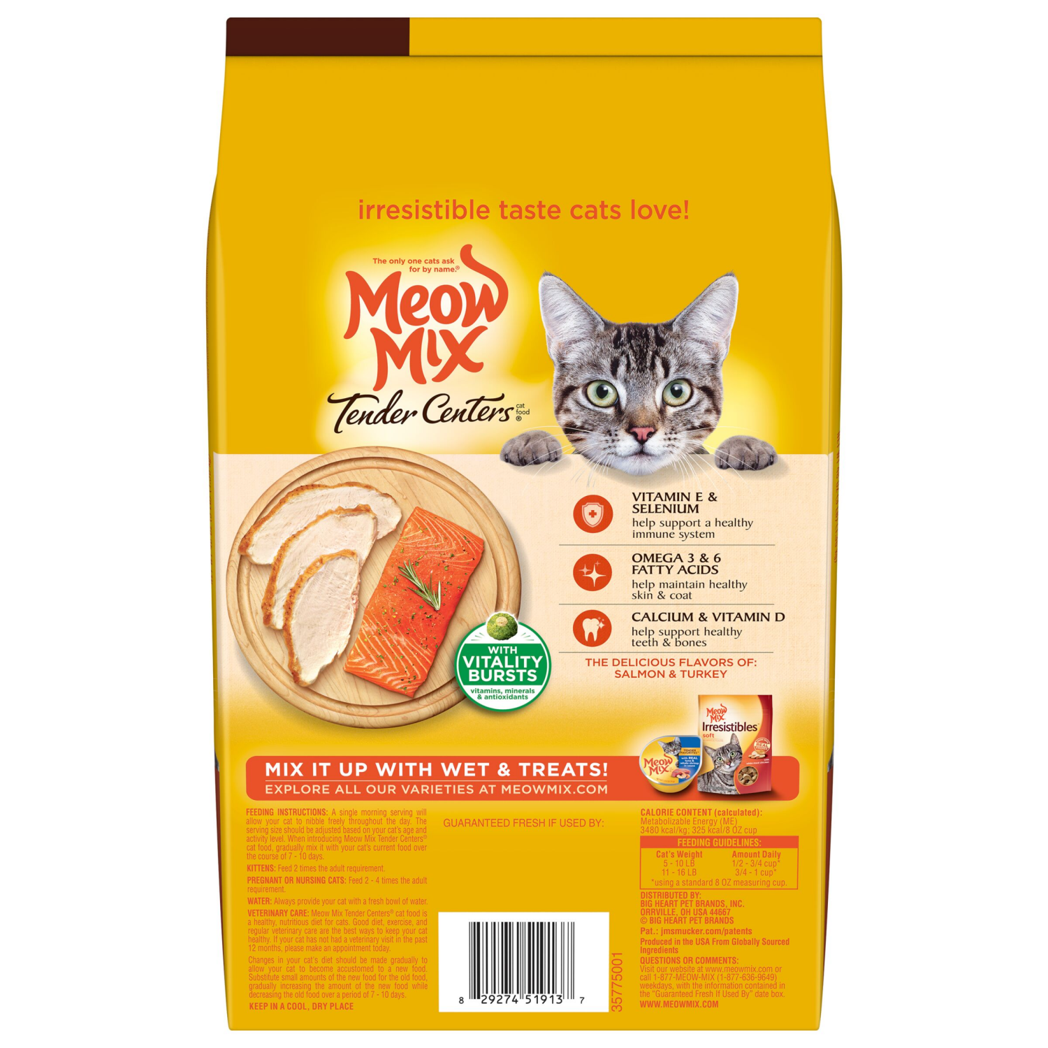 slide 7 of 7, Meow Mix Tender Centers Dry Cat Food With Vitality Bursts Salmon & Turkey Flavors, 3 Pound Bag, 48 oz