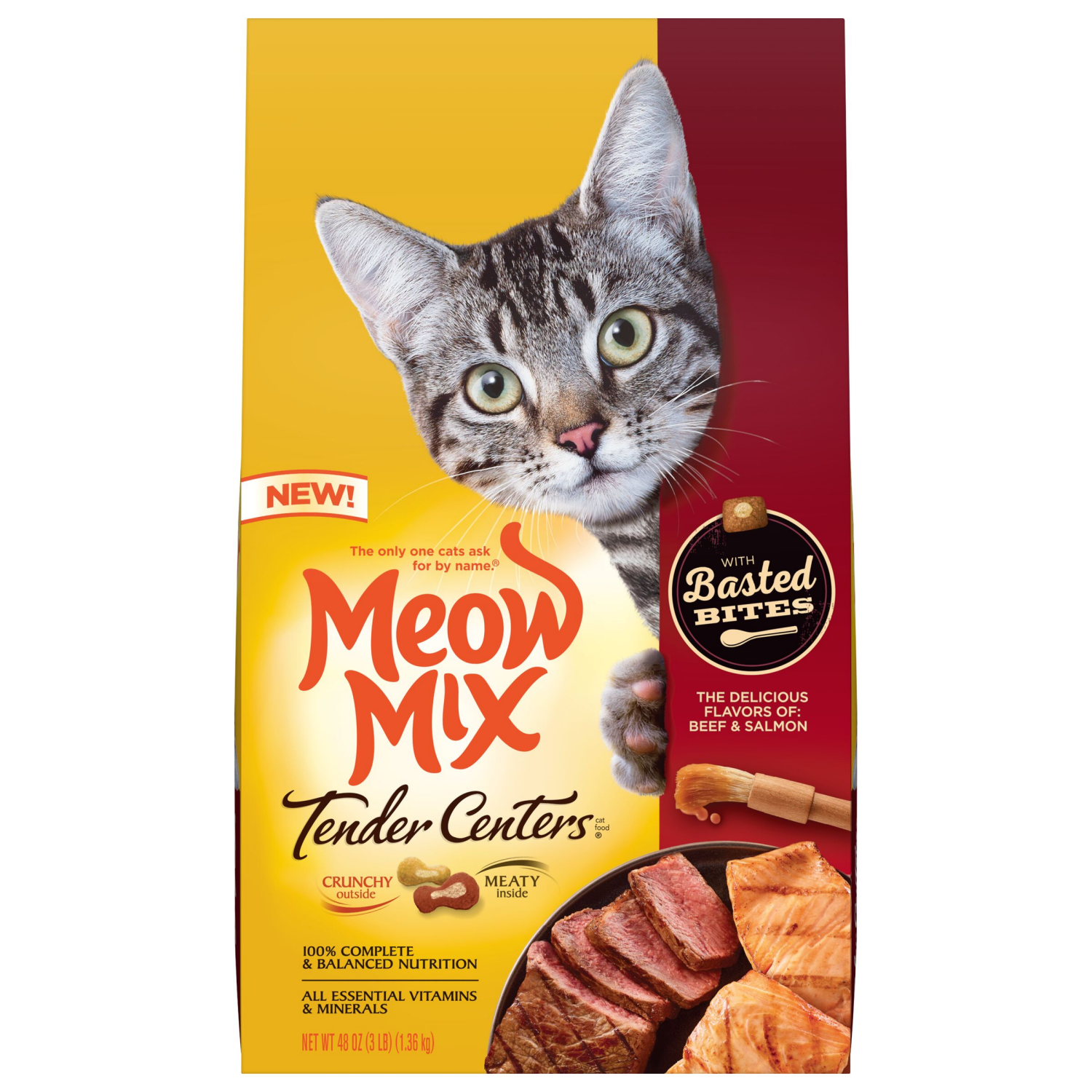 slide 2 of 6, Meow Mix Tender Centers Dry Cat Food with Basted Bites, Beef & Salmon Flavors, 3 Pound Bag, 48 oz