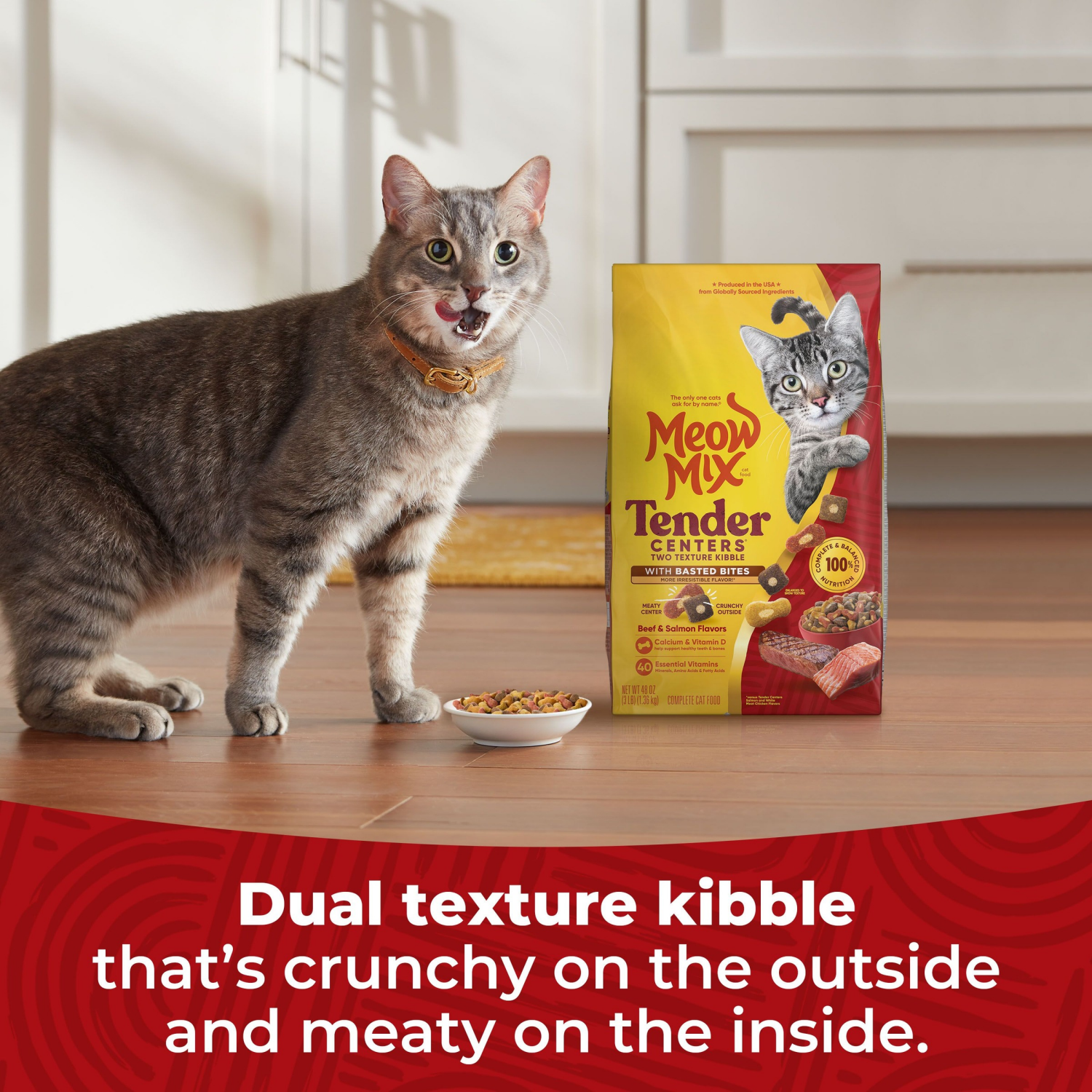 slide 4 of 6, Meow Mix Tender Centers Dry Cat Food with Basted Bites, Beef & Salmon Flavors, 3 Pound Bag, 48 oz