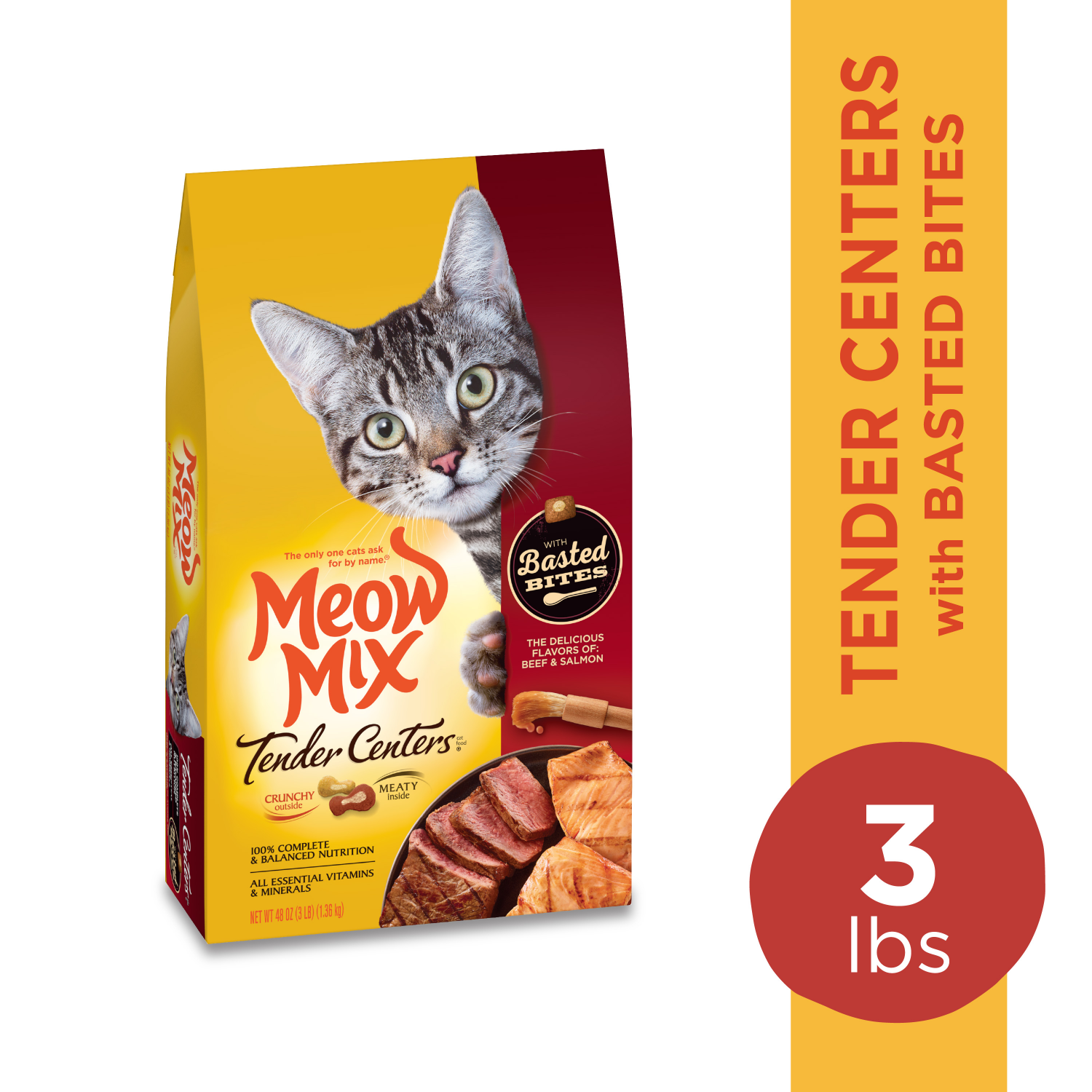 slide 1 of 6, Meow Mix Tender Centers Dry Cat Food with Basted Bites, Beef & Salmon Flavors, 3 Pound Bag, 48 oz