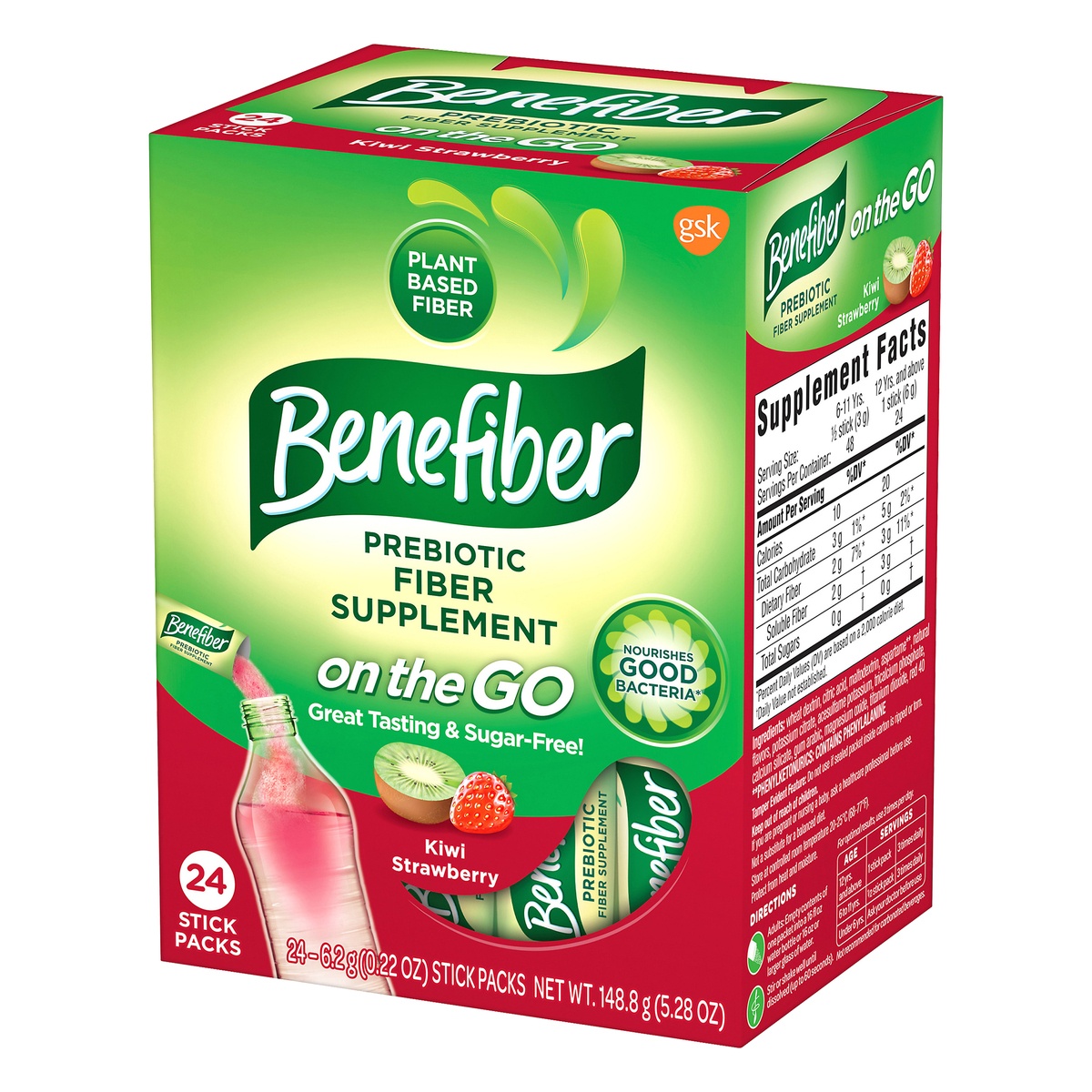 slide 3 of 9, Benefiber Drink Mix On-The-Go Kiwi Strawberry, 24 ct