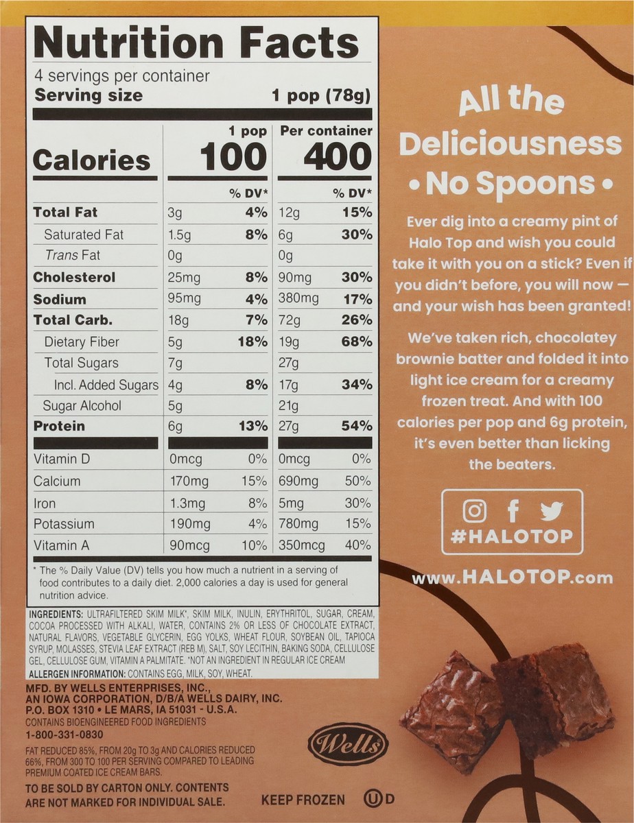 slide 3 of 11, Halo Top Brownie Batter Light Ice Cream Pops, 4 Pack, 14 fl oz