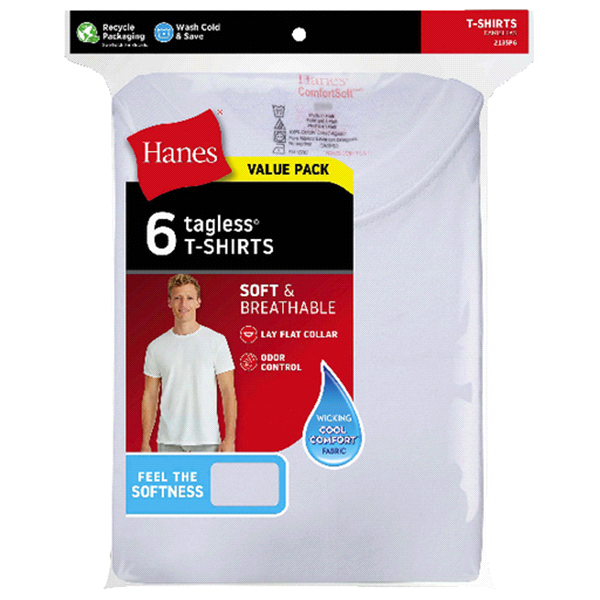 slide 1 of 1, Hanes Men's Crew Neck T-Shirts, White, 3X-Large, 6 ct