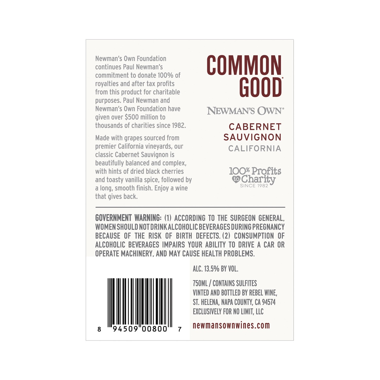 slide 4 of 5, Newman's Own Common Good Red Wine, 750mL Wine Bottle, 750 ml