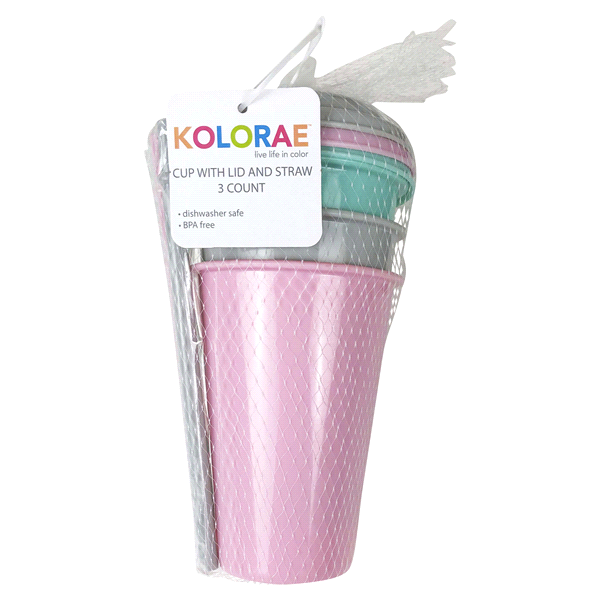 slide 1 of 1, Kolorae Cup With Lid And Straw, Assorted Colors, 3 ct