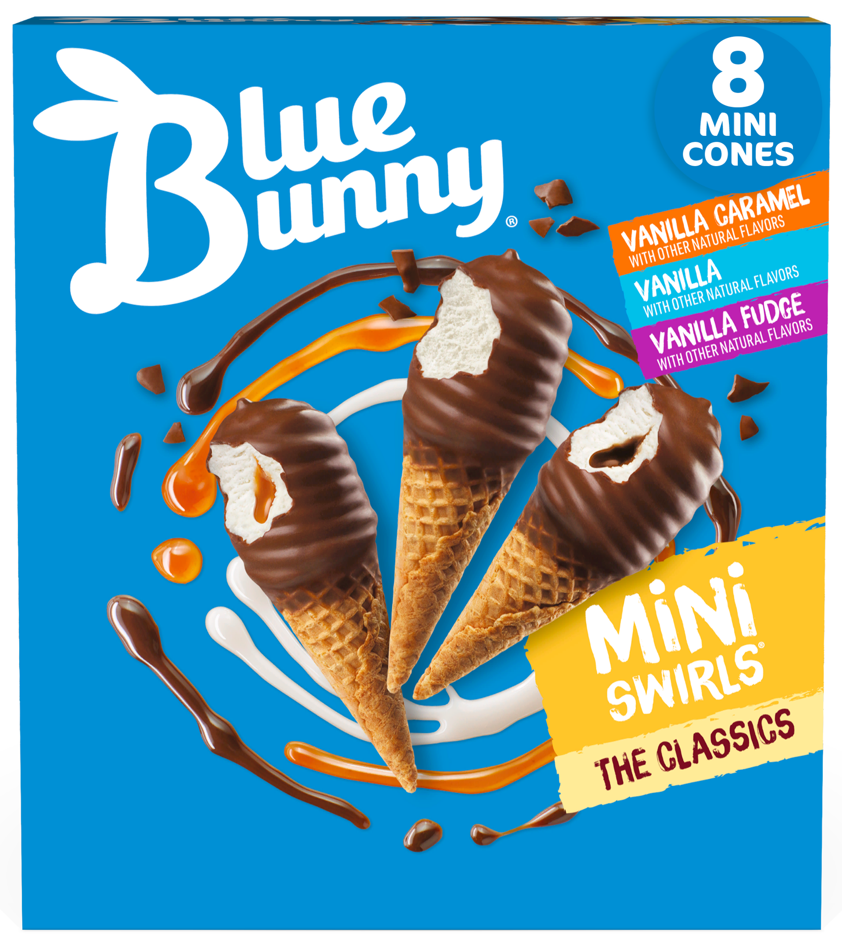 slide 1 of 3, Blue Bunny Mini Swirls Classic Mini Cones Variety Pack, Frozen Dessert, 8 Pack, 18 fl oz