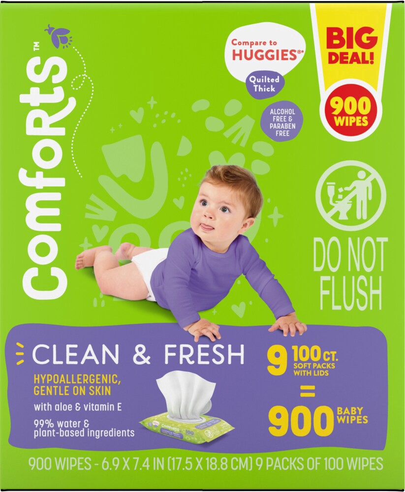 slide 4 of 4, Comforts Clean Scent Baby Wipes, 9 ct / 100 ct