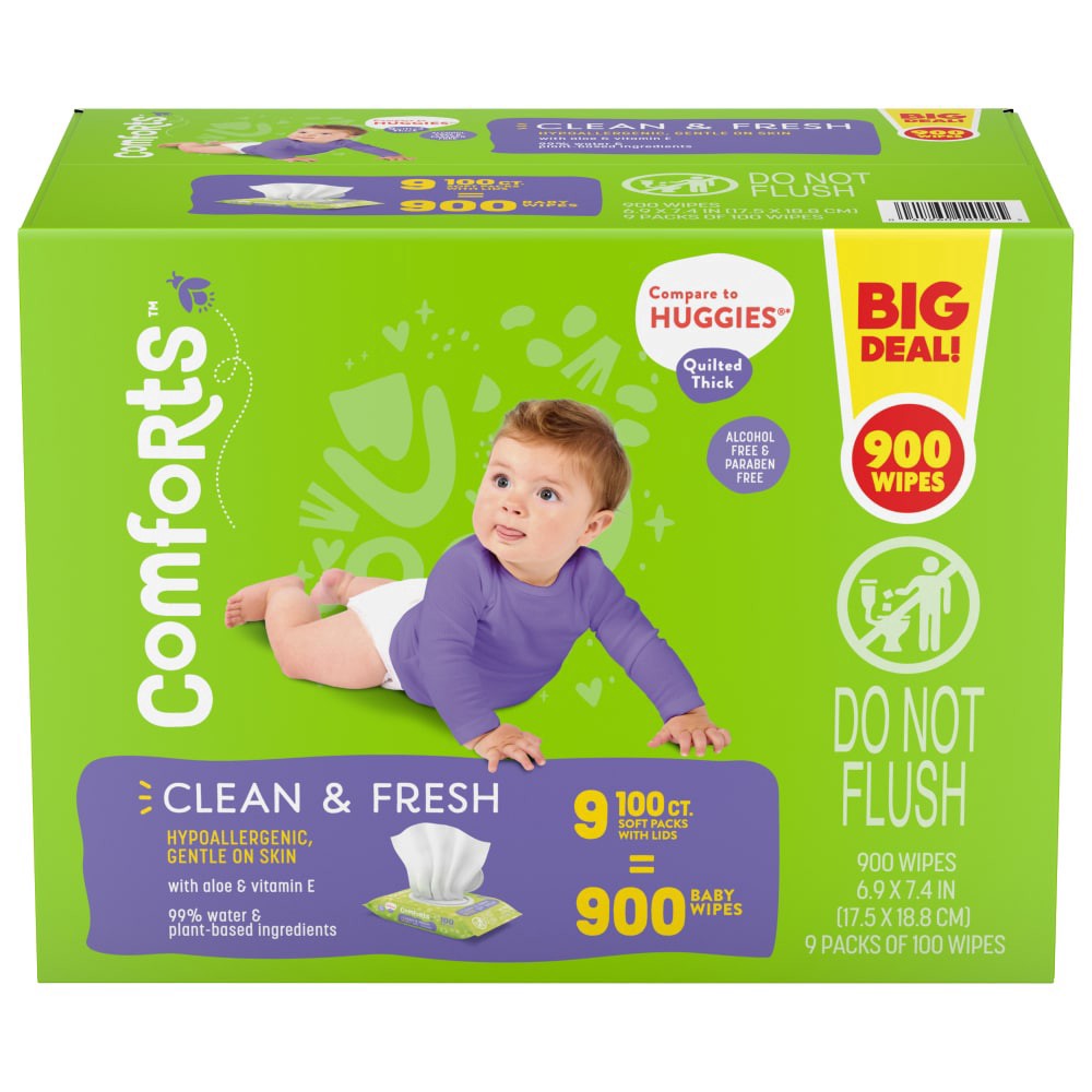 slide 1 of 4, Comforts Clean Scent Baby Wipes, 9 ct / 100 ct