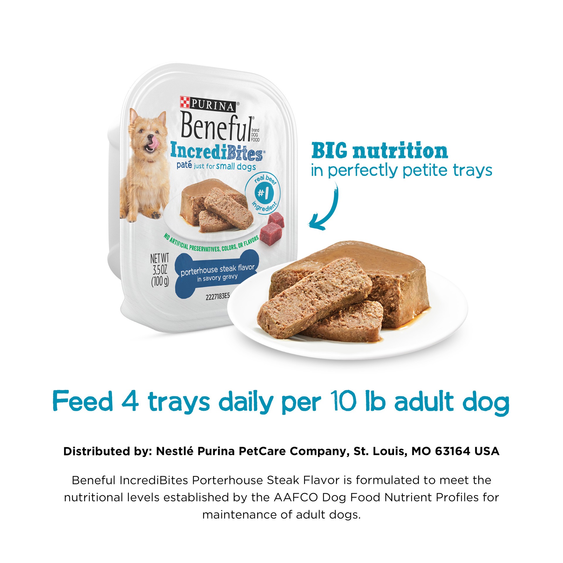 slide 3 of 7, Beneful IncrediBites Pate Wet Dog Food for Small Dogs Porterhouse Steak Flavor in a Savory Gravy, 3.5 oz
