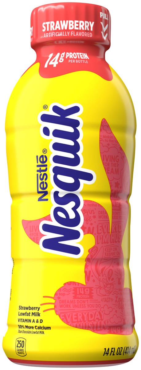 slide 1 of 3, Nesquik Strawberry Flavored Lowfat Milk, Ready to Drink - 14 oz, 14 oz