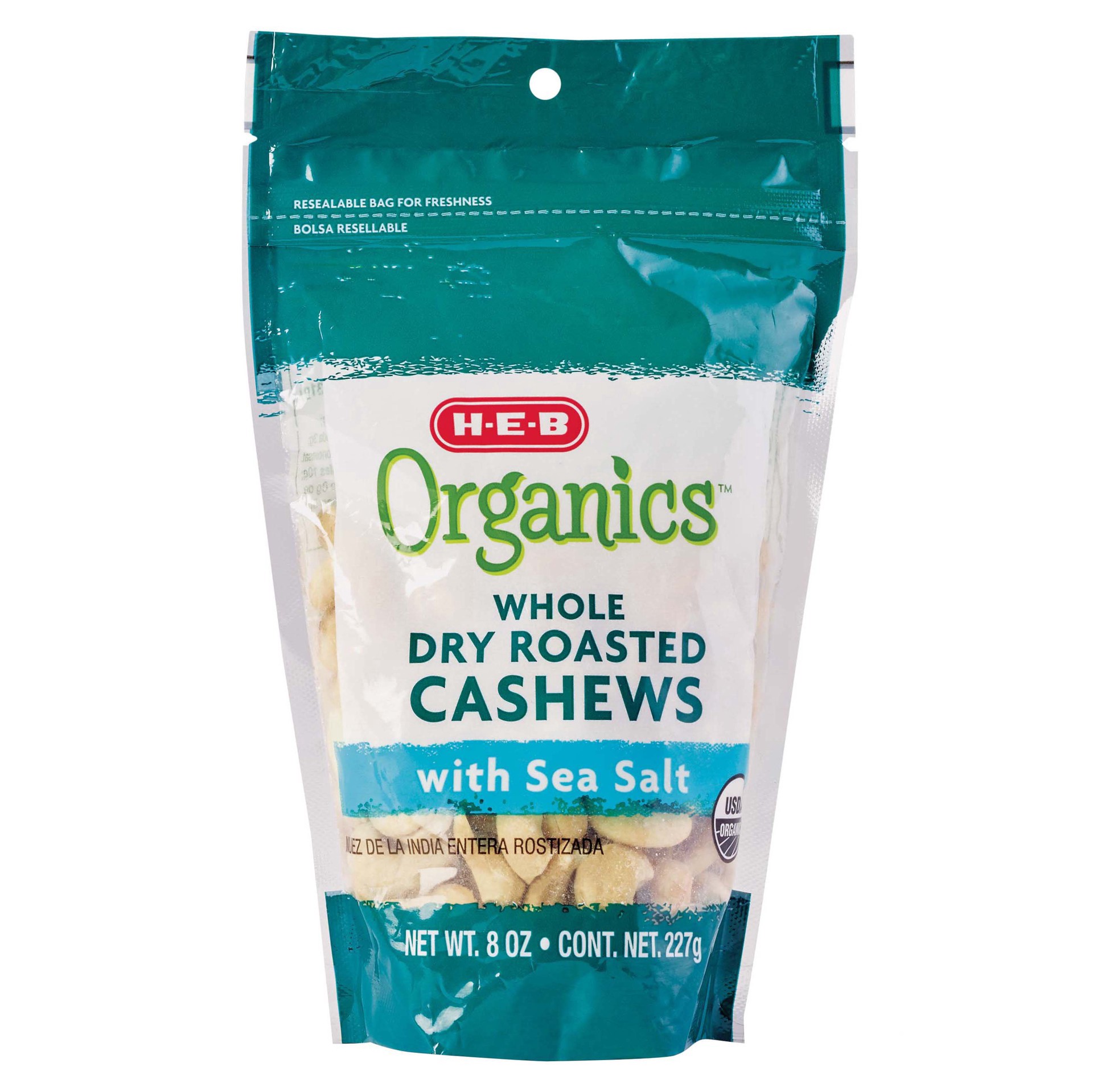 slide 1 of 1, H-E-B Organics Whole Dry Roasted Cashews With Sea Salt, 8 oz