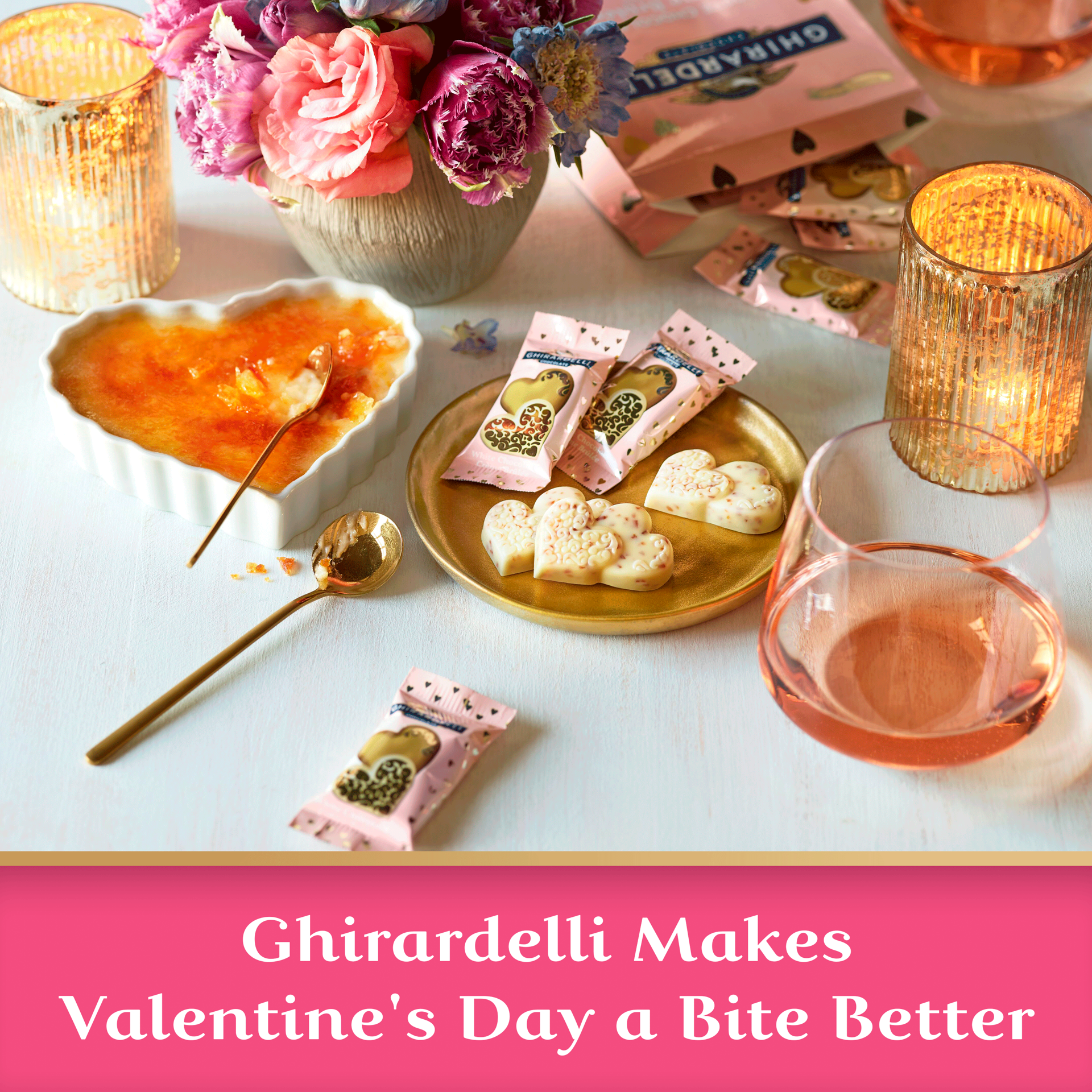 slide 2 of 6, GHIRARDELLI White Chocolate Creme Brulee Duet Hearts, Chocolate Hearts for Valentines, 4.1 OZ Bag, 4.1 oz