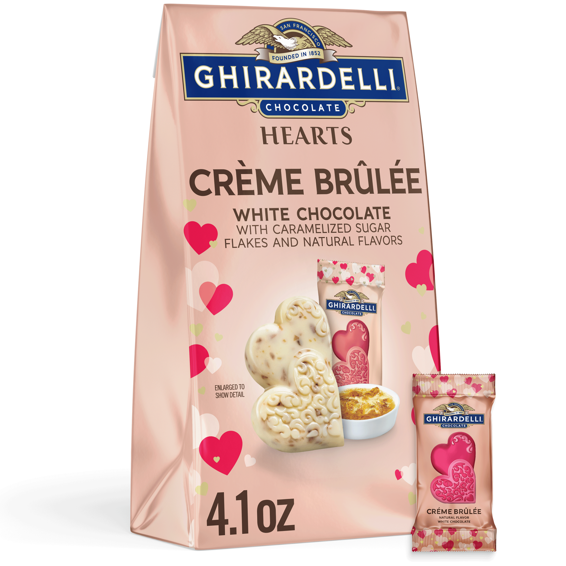 slide 1 of 6, GHIRARDELLI White Chocolate Creme Brulee Duet Hearts, Chocolate Hearts for Valentines, 4.1 OZ Bag, 4.1 oz