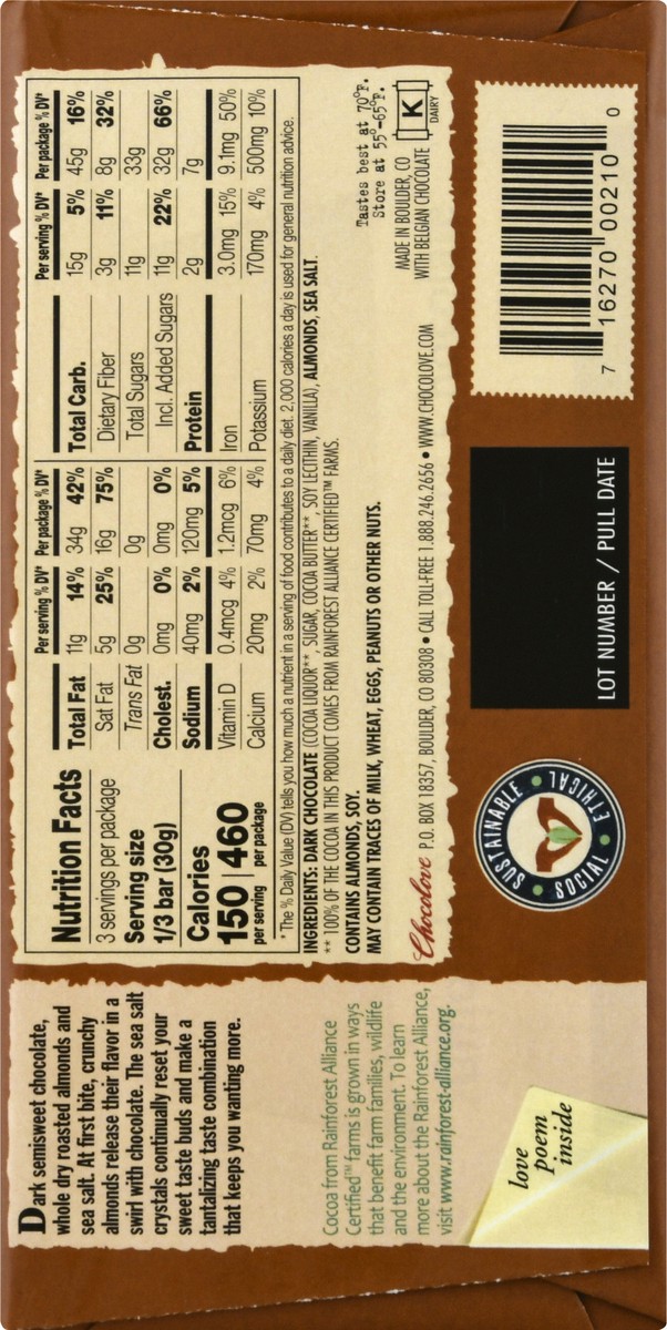 slide 5 of 9, Chocolove Almonds & Sea Salt 55% Dark Chocolate 3.2 oz, 3.2 oz