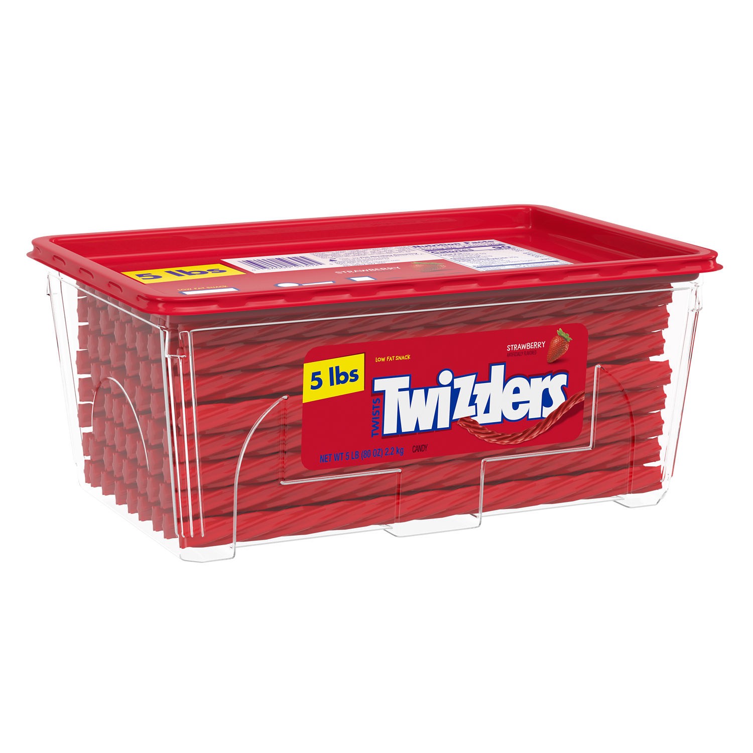 slide 1 of 8, Twizzlers Twists Strawberry Flavored Licorice Style, Low Fat Candy Tub, 5 lb, 80 oz