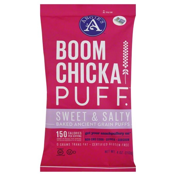 slide 1 of 1, BOOMCHICKAPOP Angie's Boomchickapuff Sweet & Salty Baked Ancient Grain Puffs, 4 oz