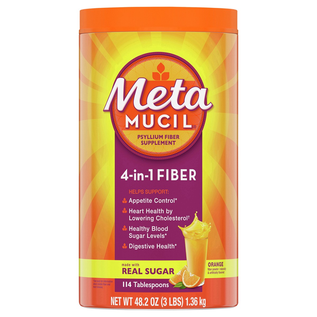 slide 1 of 2, Metamucil 4-in-1 Fiber Supplement for Digestive Health, Psyllium Husk Fiber Powder, Fiber Supplement with Real Sugar, Orange Flavored, 114 tablespoons, 48.2 oz