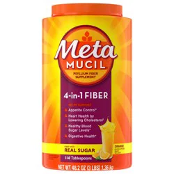 Metamucil 4-in-1 Fiber Supplement for Digestive Health, Psyllium Husk Fiber Powder, Fiber Supplement with Real Sugar, Orange Flavored, 114 tablespoons