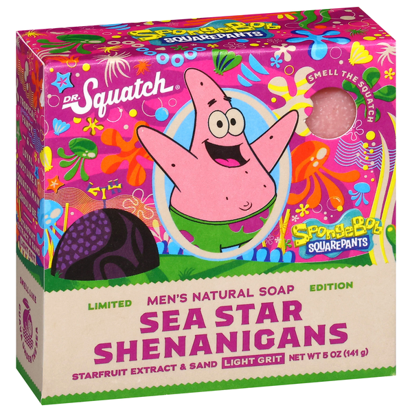 slide 1 of 1, Dr. Squatch SpongeBob SquarePants Light Grit Men's Natural Sea Star Shenanigans Soap 5 oz, 5 oz