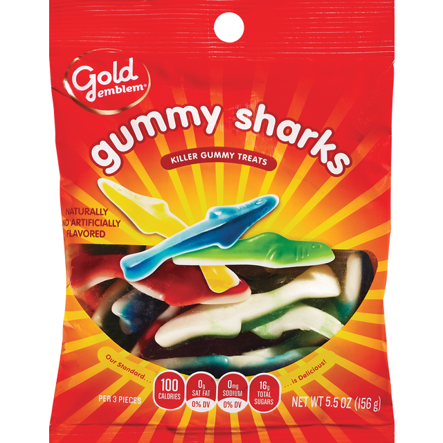 slide 1 of 1, GE Assorted Gummy Sharks, 1 ct