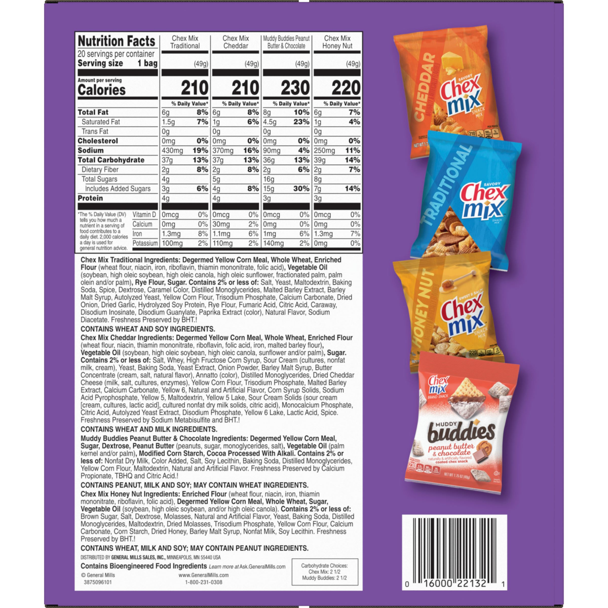 slide 10 of 29, General Mills Sweet & Salty Snack Variety Pack, Muddy Buddies Peanut Butter & Chocolate, Chex Mix Traditional, Cheddar & Honey Nut, 35 oz (20 Bags), 20 ct