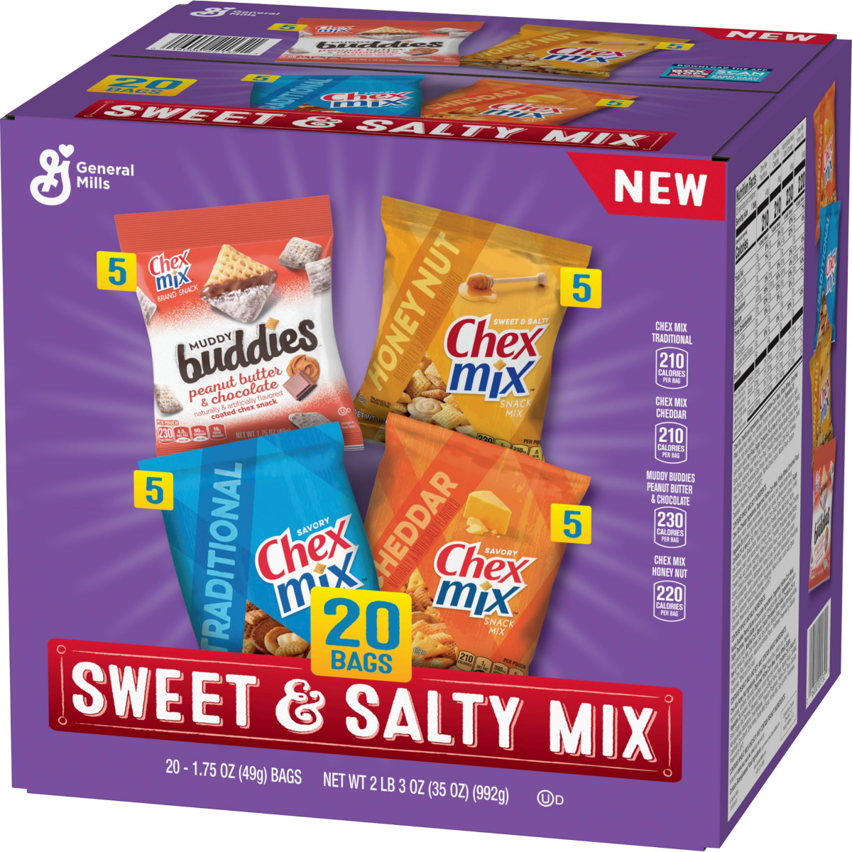 slide 2 of 29, General Mills Sweet & Salty Snack Variety Pack, Muddy Buddies Peanut Butter & Chocolate, Chex Mix Traditional, Cheddar & Honey Nut, 35 oz (20 Bags), 20 ct
