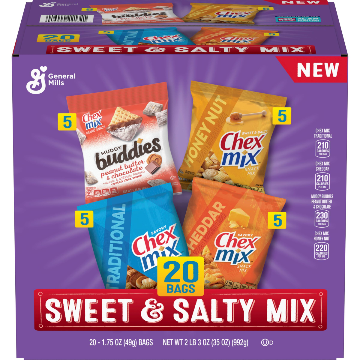 slide 1 of 29, General Mills Sweet & Salty Snack Variety Pack, Muddy Buddies Peanut Butter & Chocolate, Chex Mix Traditional, Cheddar & Honey Nut, 35 oz (20 Bags), 20 ct