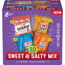 General Mills Sweet & Salty Snack Variety Pack, Muddy Buddies Peanut Butter & Chocolate, Chex Mix Traditional, Cheddar & Honey Nut, 35 oz (20 Bags)