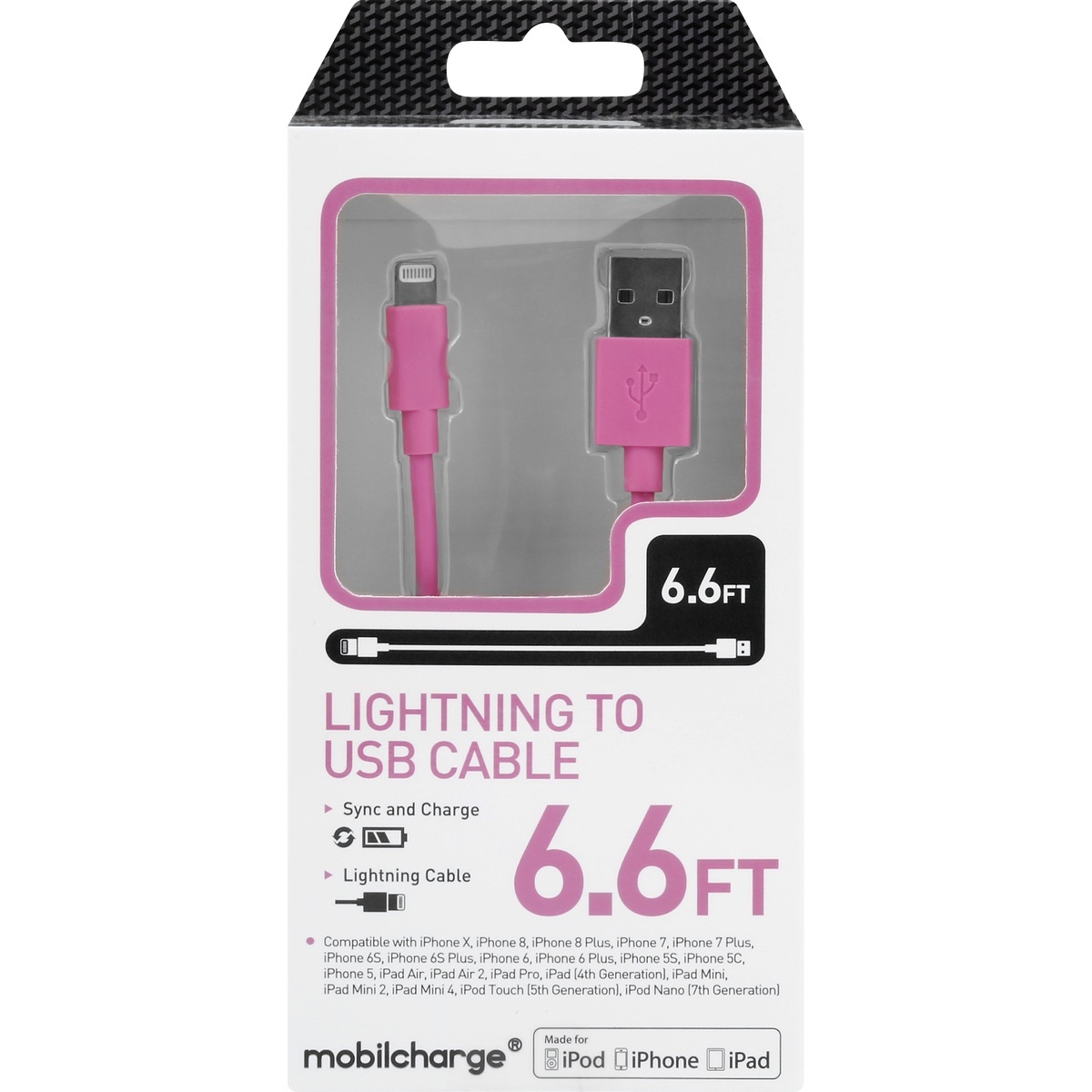 slide 1 of 1, Mobile Essentials Cable, Lightning to USB, Pink, 6.6 Feet, 1 ct