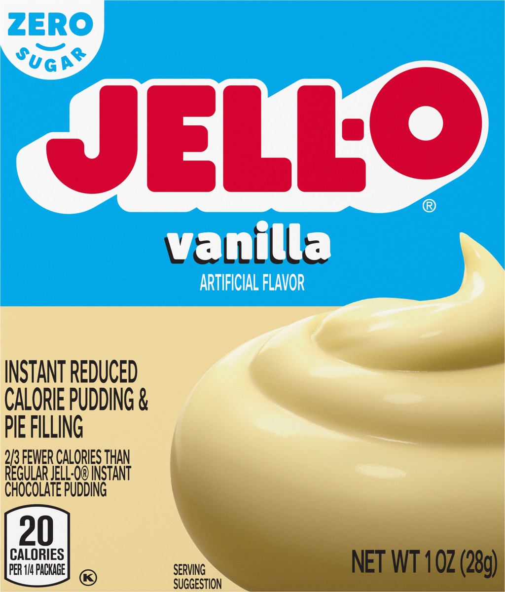 slide 5 of 9, Jell-O Vanilla Artificially Flavored Zero Sugar Instant Reduced Calorie Pudding & Pie Filling Mix, 1 oz. Box, 1 oz