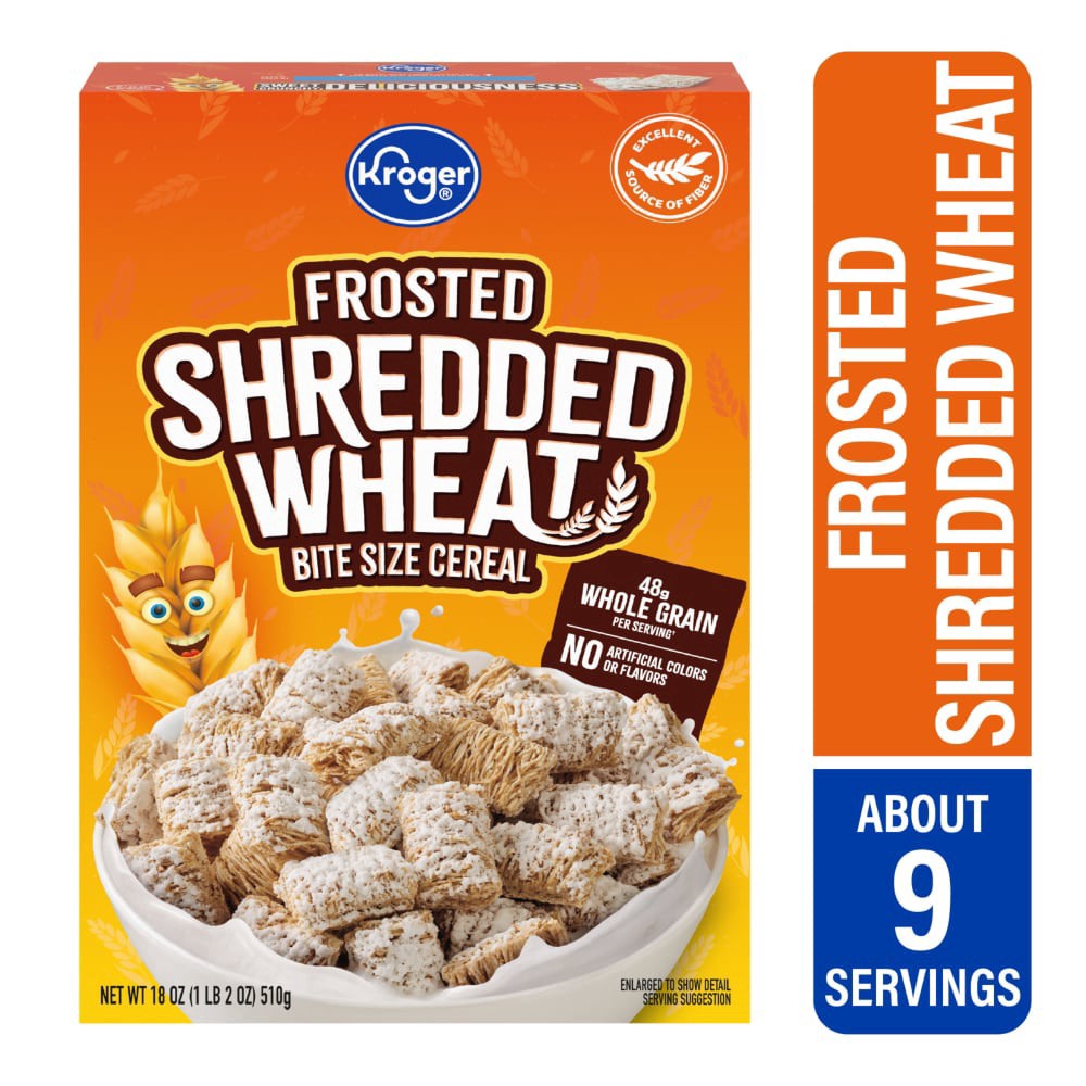 slide 1 of 3, Kroger Frosted Shredded Wheat Bite Size Cereal, 18 oz