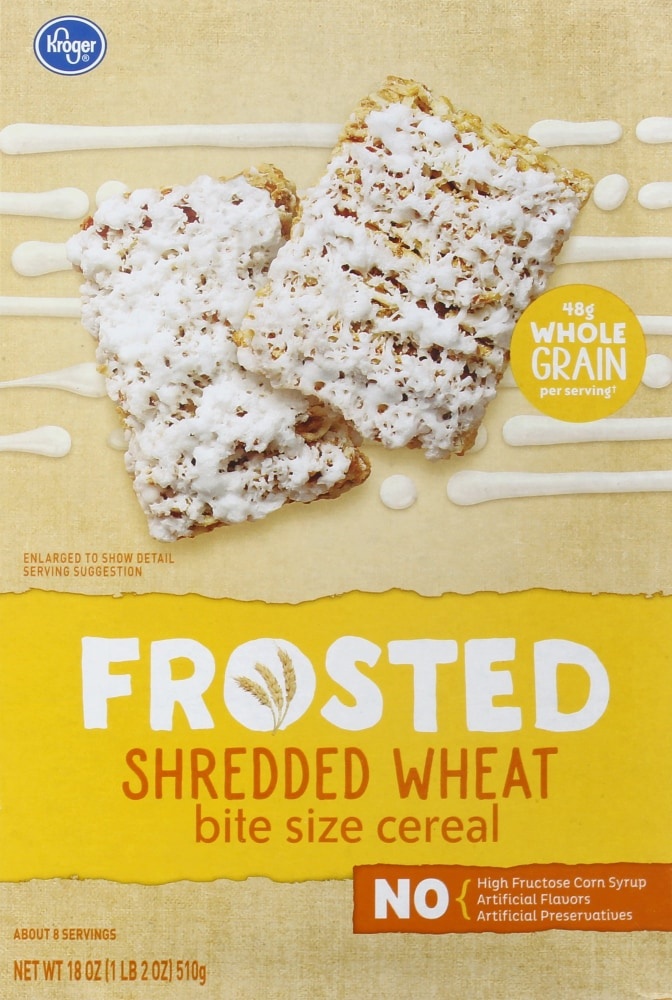 slide 1 of 1, Kroger Frosted Shredded Wheat Bite Size Cereal, 18 oz
