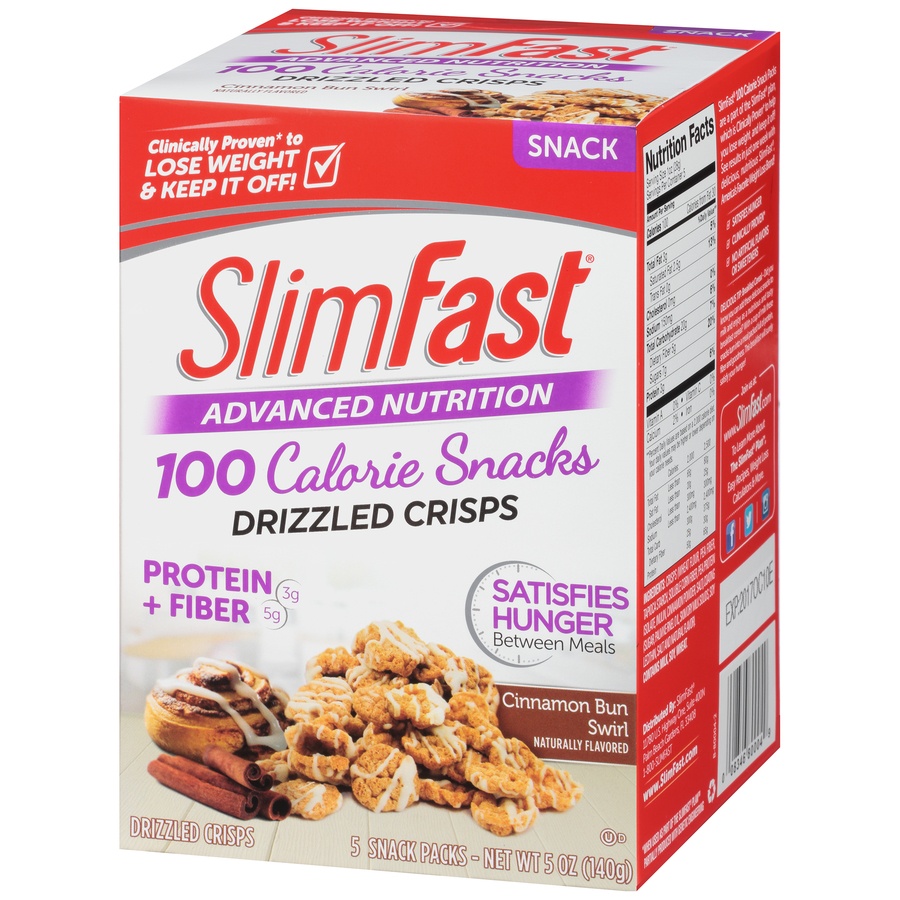 slide 3 of 8, SlimFast Advanced Nutrition 100 Calorie Snacks Cinnamon Bun Swirl Drizzled Crisps, 5 ct; 1 oz