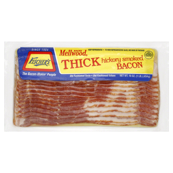 slide 1 of 1, Fischer's Mellwood Thick Sliced Hickory Smoked Bacon, 16 oz