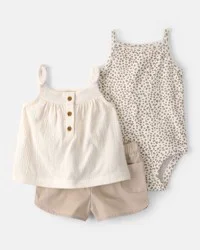 Carter's Baby Girl 3-Piece Cheetah Top, Bodysuit & Short Set - Khaki/Ivory - 12M