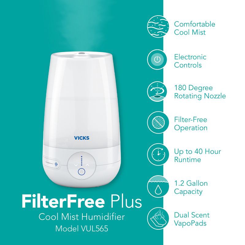 slide 5 of 8, Vicks Filter Free Plus Cool Mist Ultrasonic Humidifier - 1.2gal, 1.2 gal
