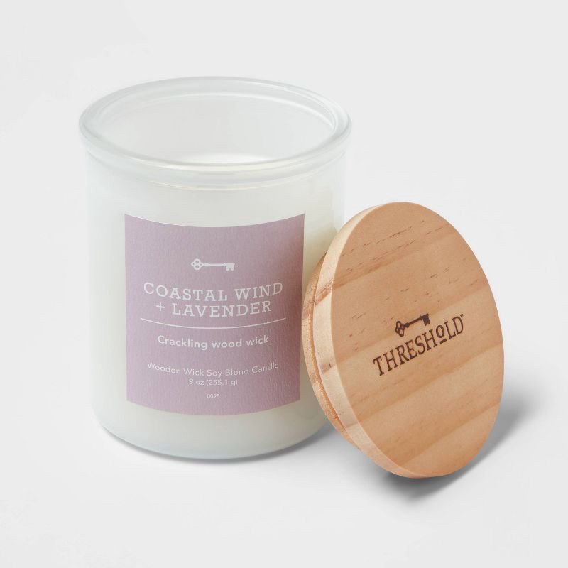 slide 3 of 3, Milky White Glass Coastal Wind and Lavender Lidded Wooden Wick Jar Candle 9oz - Threshold™, 9 oz