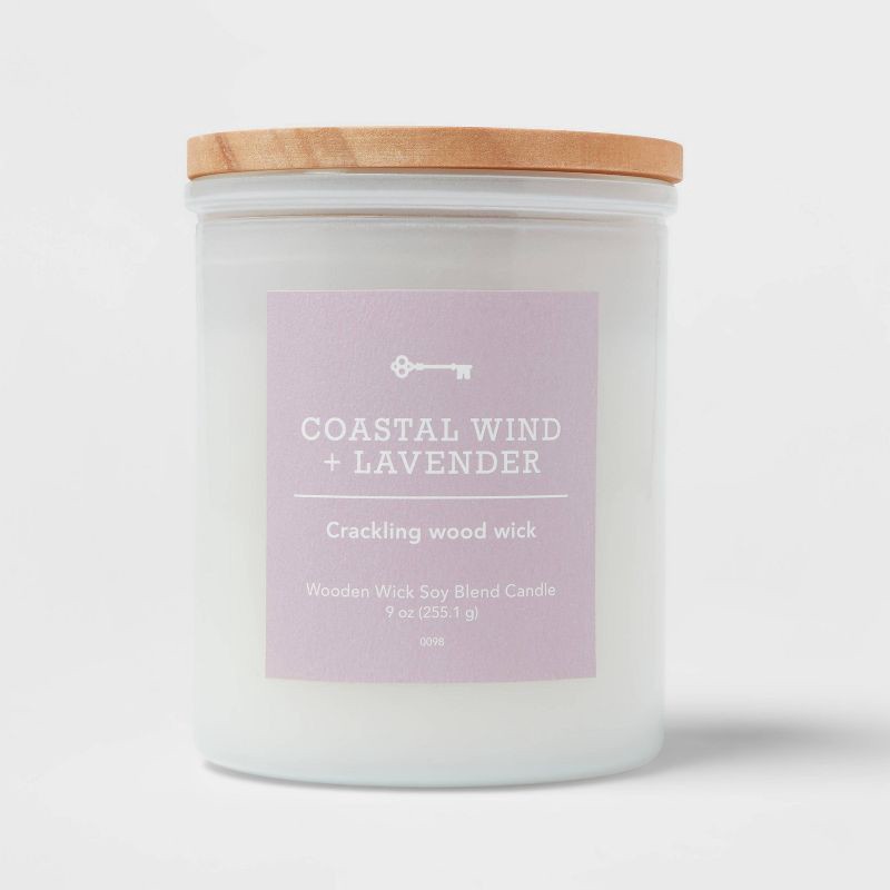 slide 1 of 3, Milky White Glass Coastal Wind and Lavender Lidded Wooden Wick Jar Candle 9oz - Threshold™, 9 oz