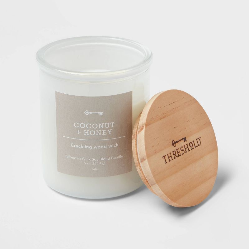 slide 2 of 3, Milky White Glass Coconut and Honey Lidded Wooden Wick Jar Candle 9oz - Threshold™, 9 oz