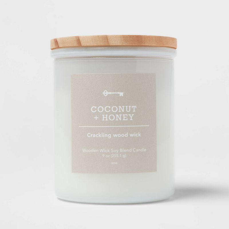 slide 1 of 3, Milky White Glass Coconut and Honey Lidded Wooden Wick Jar Candle 9oz - Threshold™, 9 oz