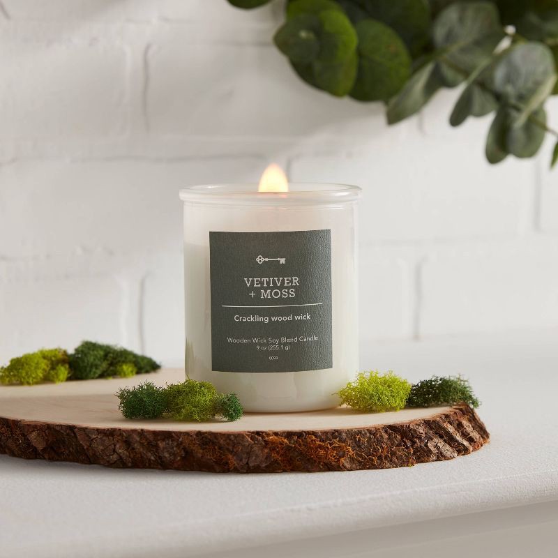 slide 2 of 3, Milky White Glass Vetiver + Moss Lidded Wooden Wick Jar Candle 9oz - Threshold™, 9 oz