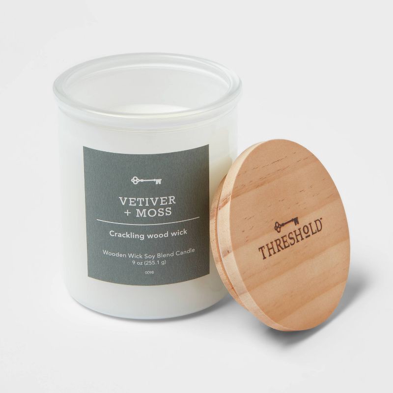 slide 3 of 3, Milky White Glass Vetiver + Moss Lidded Wooden Wick Jar Candle 9oz - Threshold™, 9 oz