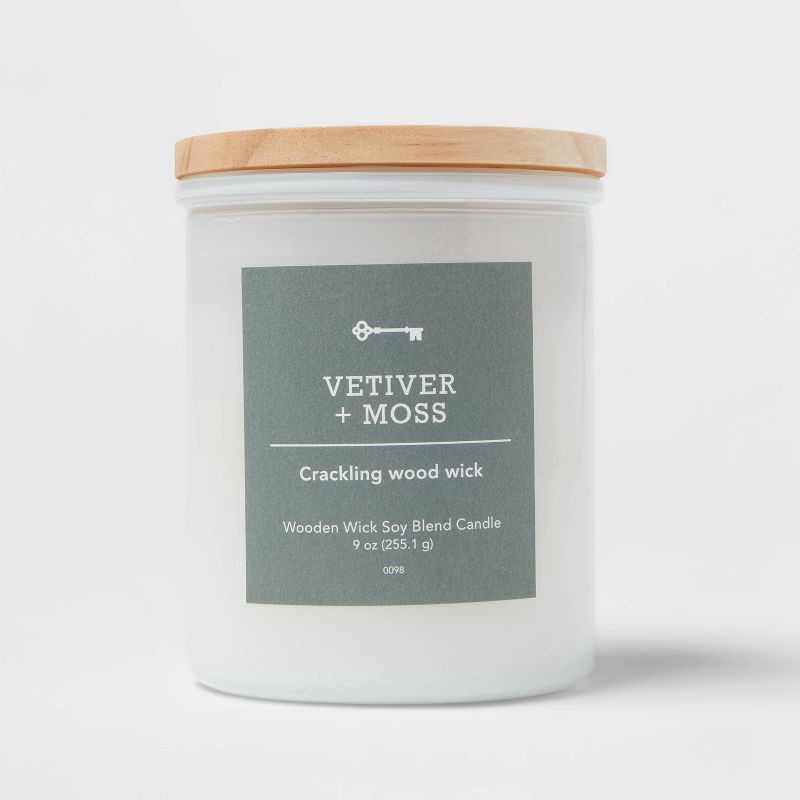 slide 1 of 3, Milky White Glass Vetiver + Moss Lidded Wooden Wick Jar Candle 9oz - Threshold™, 9 oz