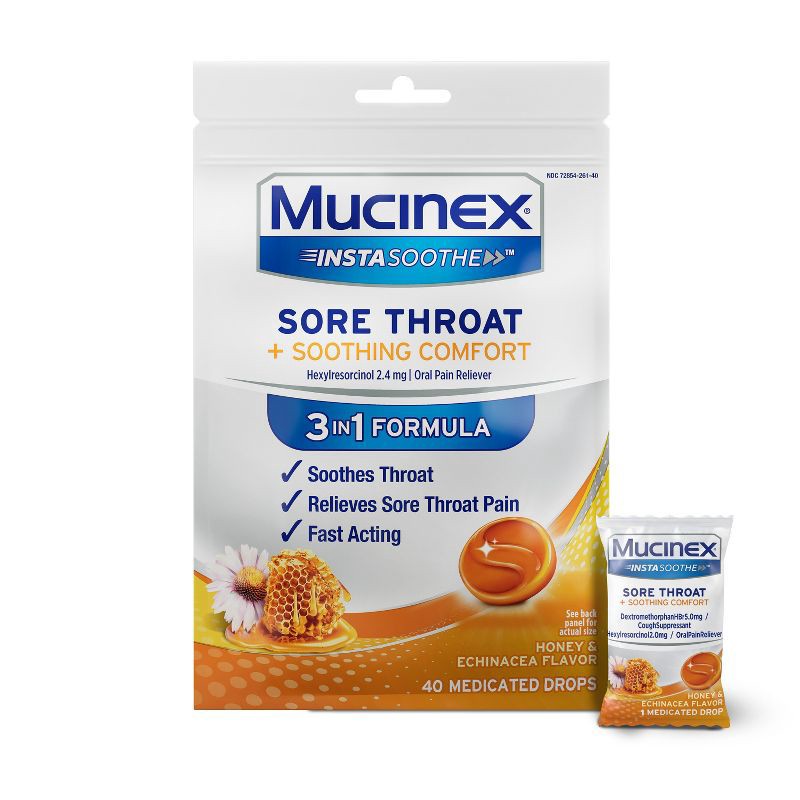 slide 1 of 11, Mucinex Instasoothe Sore Throat Medicated Drops - Honey & Echinacea - 40ct, 40 ct