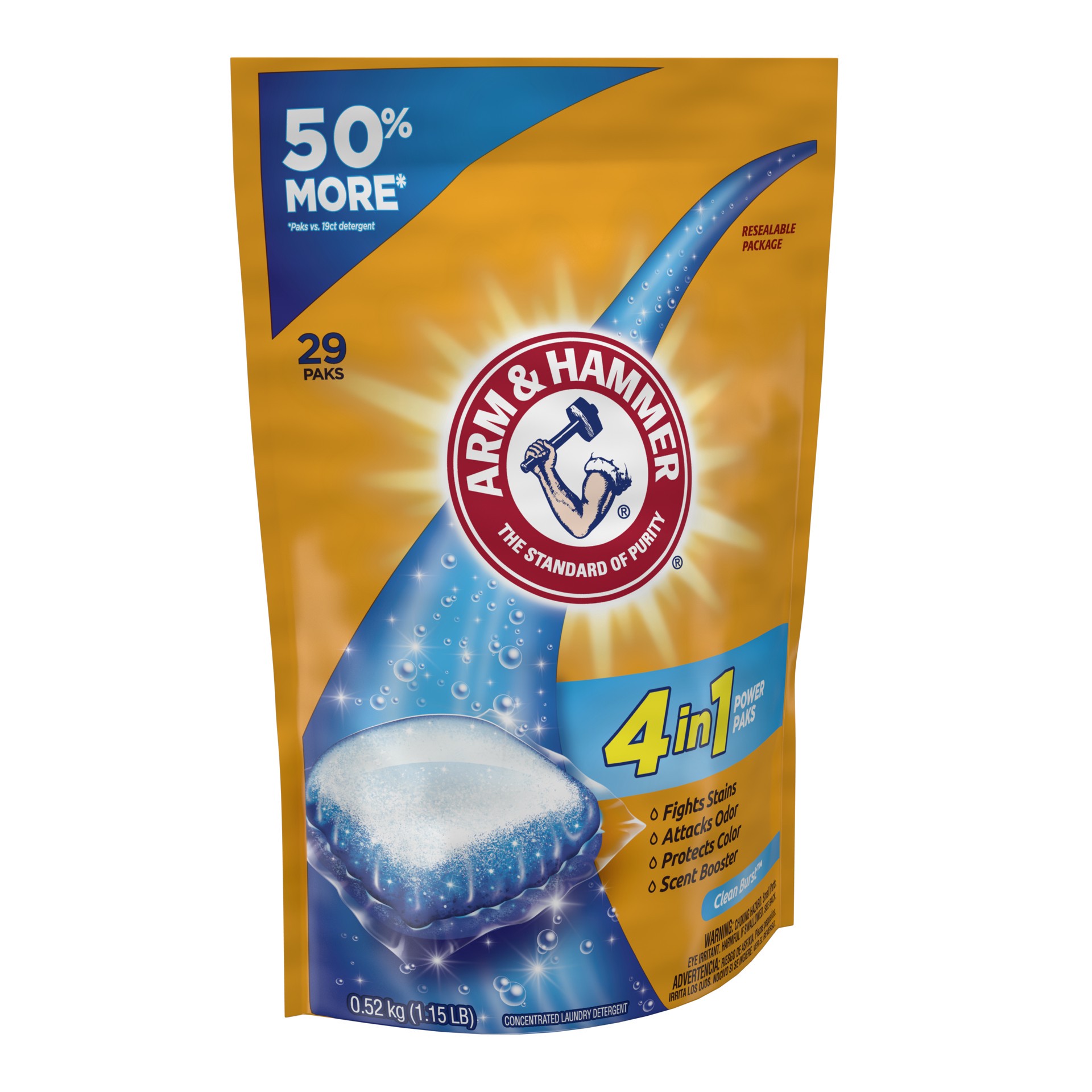 slide 3 of 5, Arm & Hammer 4-In-1 Power Paks Concentrated Laundry Detergent, 29 ct