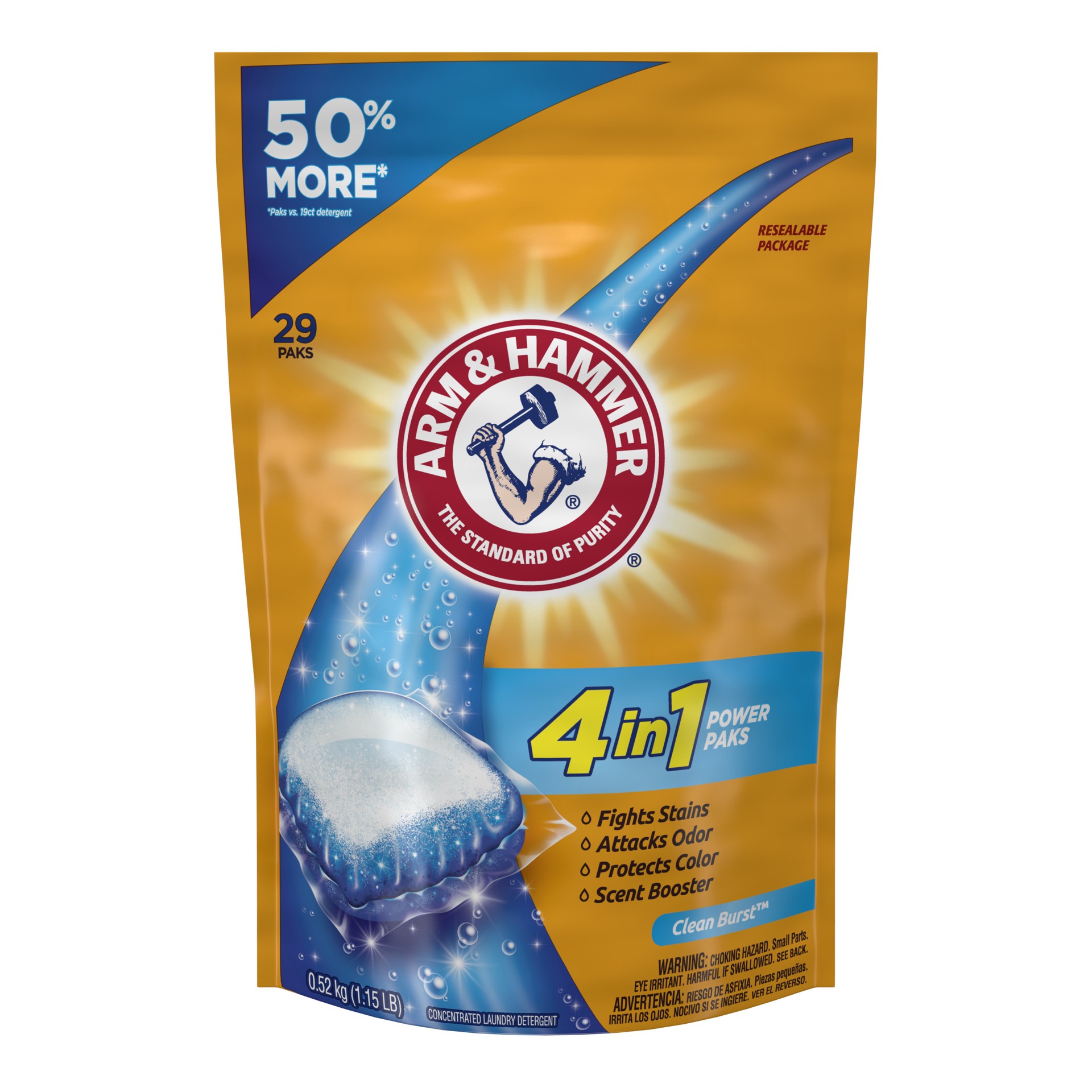 slide 1 of 5, Arm & Hammer 4-In-1 Power Paks Concentrated Laundry Detergent, 29 ct